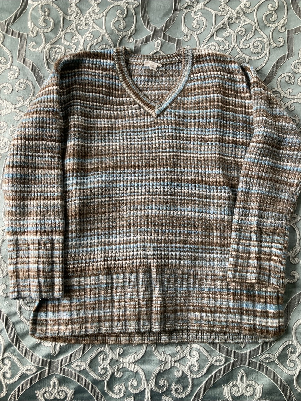 Women’s a.n.a. Blue & Brown V-Neck Striped Sweater size Petite M